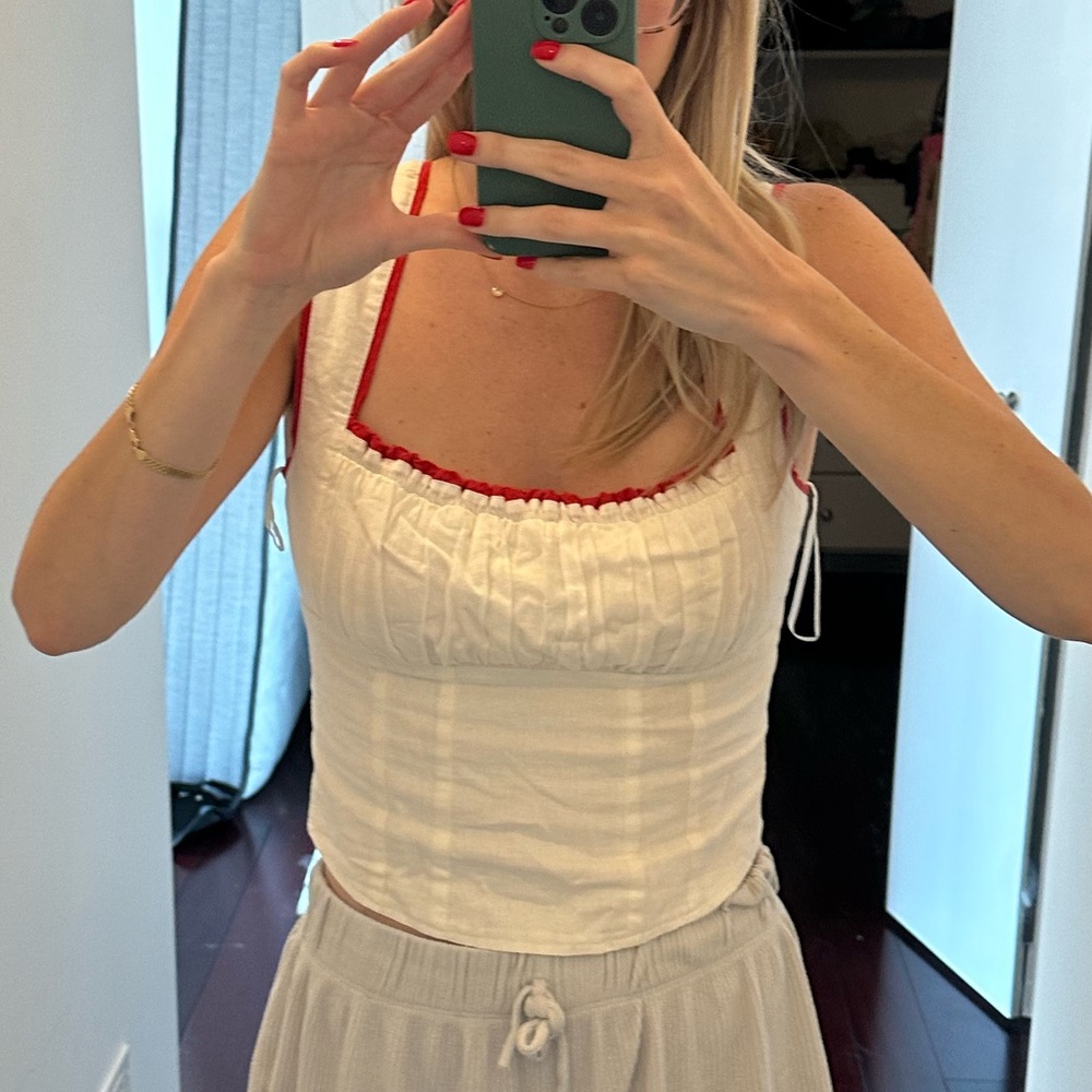 Free People White and Red Trim Tank Top
